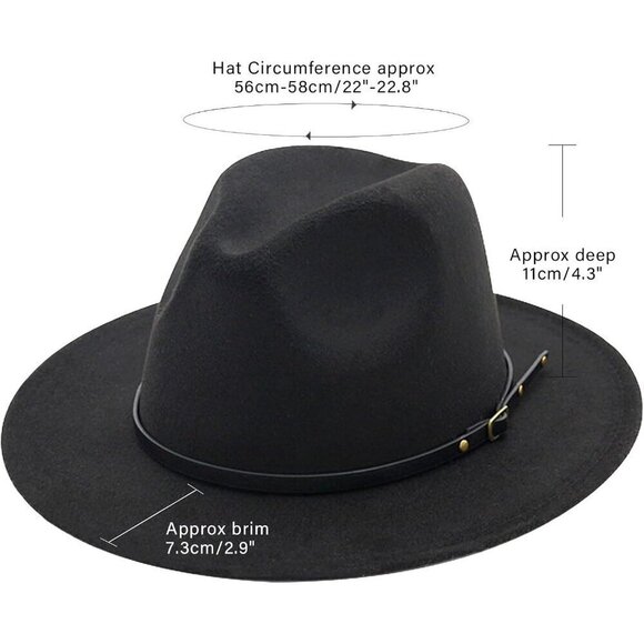 ?Dreshow Classic Felt Fedora Women Black Wide Brim Floppy BeltBuckle Panama Hat